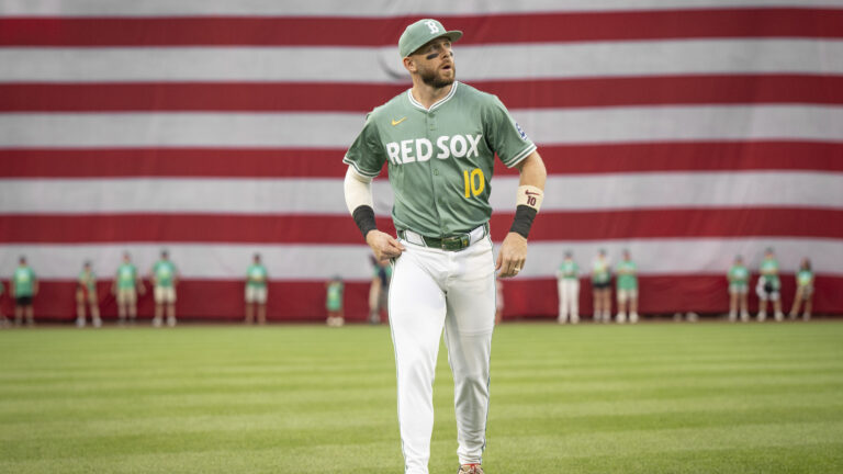 BOSTON, MASSACHUSETTS - JULY 11: Trevor Story #10 of the Boston Red Sox warms up before a game against the Tampa Bay Rays on July 11, 2025 at Fenway Park in Boston, Massachusetts. (Photo by Maddie Malhotra/Boston Red Sox/Getty Images)