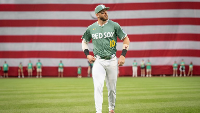 BOSTON, MASSACHUSETTS - JULY 11: Trevor Story #10 of the Boston Red Sox warms up before a game against the Tampa Bay Rays on July 11, 2025 at Fenway Park in Boston, Massachusetts. (Photo by Maddie Malhotra/Boston Red Sox/Getty Images)