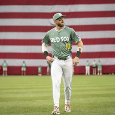 BOSTON, MASSACHUSETTS - JULY 11: Trevor Story #10 of the Boston Red Sox warms up before a game against the Tampa Bay Rays on July 11, 2025 at Fenway Park in Boston, Massachusetts. (Photo by Maddie Malhotra/Boston Red Sox/Getty Images)