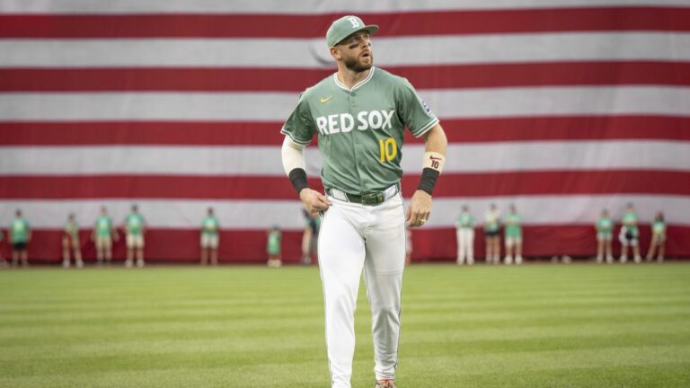 BOSTON, MASSACHUSETTS - JULY 11: Trevor Story #10 of the Boston Red Sox warms up before a game against the Tampa Bay Rays on July 11, 2025 at Fenway Park in Boston, Massachusetts. (Photo by Maddie Malhotra/Boston Red Sox/Getty Images)