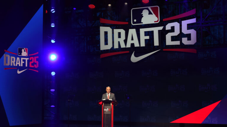 ATLANTA, GEORGIA - JULY 13: Major League Baseball commissioner Robert D. Manfred Jr. speaks on stage ahead of the first round during the 2025 MLB Draft at Coca-Cola Roxy on July 13, 2025 in Atlanta, Georgia. (Photo by Jamie Squire/Getty Images)