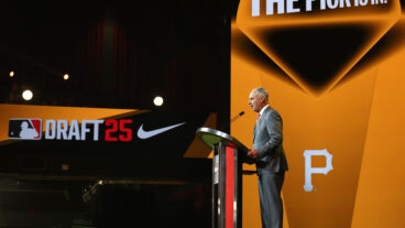 ATLANTA, GEORGIA - JULY 13: Major League Baseball commissioner Robert D. Manfred Jr. announces Seth Hernandez as the sixth overall pick, by the Pittsburgh Pirates, in the first round of the 2025 MLB Draft at Coca-Cola Roxy on July 13, 2025 in Atlanta, Georgia. (Photo by Jamie Squire/Getty Images)