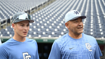 WASHINGTON, DC - JULY 19, 2025: Eli Willits (left) 1st round draft choice of the Washington Nationals meets manager Miguel Cairo (right) prior to a game against the San Diego Padres at Nationals Park on July 19, 2025 in Washington, DC. The Nationals beat the Padres, 4-2. (Photo by Diamond Images via Getty Images)