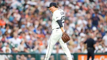 DETROIT, MICHIGAN - JULY 24: Reese Olson #45 of the Detroit Tigers walks to the dugout after a pitching change against the Toronto Blue Jays during the top of the sixth inning at Comerica Park on July 24, 2025 in Detroit, Michigan. (Photo by Nic Antaya/Getty Images)