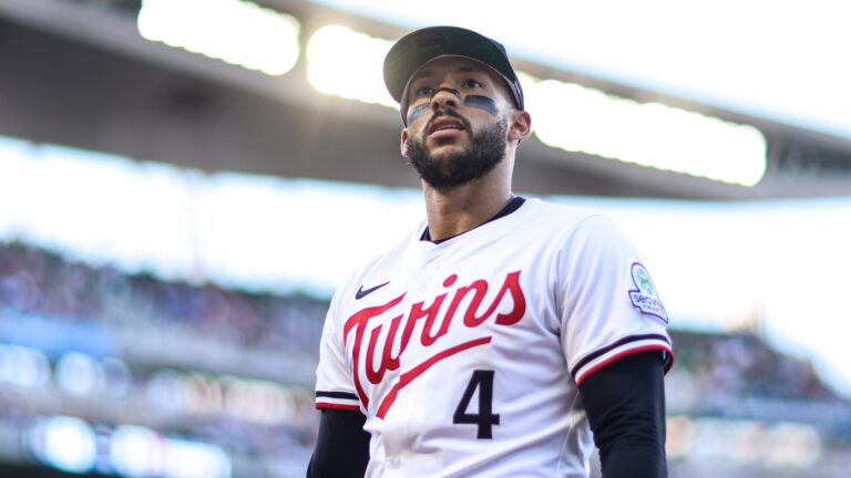 MINNEAPOLIS, MN - JULY 26: Carlos Correa #4 of the Minnesota Twins looks on during the game between the Washington Nationals and the Minnesota Twins at Target Field on Saturday, July 26, 2025 in Minneapolis, Minnesota. (Photo by Rob Tringali/MLB Photos via Getty Images)