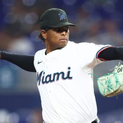MIAMI, FLORIDA - JULY 22: Edward Cabrera #27 of the Miami Marlins pitches against the San Diego Padres in the first inning at loanDepot park on July 22, 2025 in Miami, Florida. (Photo by Megan Briggs/Getty Images)