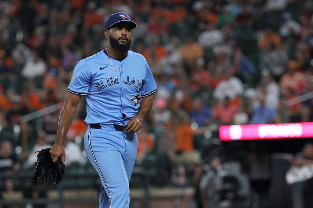BALTIMORE, MARYLAND - JULY 29: Seranthony Domínguez #48 of the Toronto Blue Jays reacts after the seventh inning against the Baltimore Orioles. He was traded from the Baltimore Orioles to the Toronto Blue Jays in between game one of the the double header at Oriole Park at Camden Yards on July 29, 2025 in Baltimore, Maryland. (Photo by Peyton Stoike/Baltimore Orioles/Getty Images)