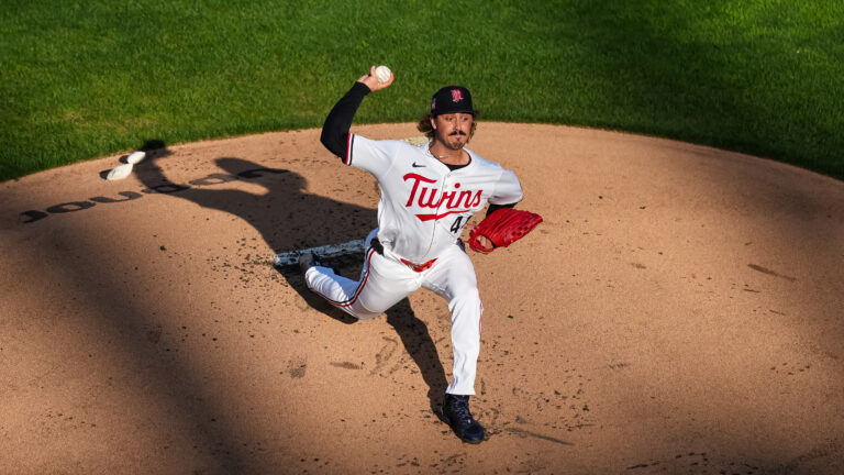 MINNEAPOLIS, MN - JULY 26: Joe Ryan #41 of the Minnesota Twins pitches during the first inning against the Washington Nationals on July 26, 2025 at Target Field in Minneapolis, Minnesota. (Photo by Brace Hemmelgarn/Minnesota Twins/Getty Images)