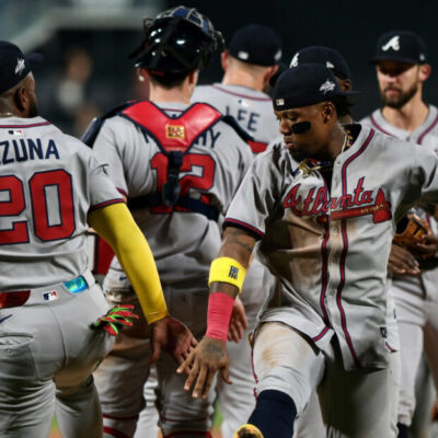 NEW YORK, NY - JUNE 23: Marcell Ozuna #20 and Ronald Acuña Jr. #13 of the Atlanta Braves celebrate after winning the game between the Atlanta Braves and the New York Mets at Citi Field on Monday, June 23, 2025 in New York, New York. (Photo by Michael Mooney/MLB Photos via Getty Images)