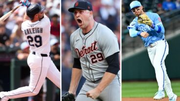 LEFT: SEATTLE, WA - JULY 04: Cal Raleigh #29 of the Seattle Mariners hits a home run during the game between the Pittsburgh Pirates and the Seattle Mariners at T-Mobile Park on Friday, July 4, 2025 in Seattle, Washington. (Photo by Nik Pennington/MLB Photos via Getty Images) MIDDLE: CLEVELAND, OH - OCTOBER 07: Tarik Skubal #29 of the Detroit Tigers celebrates as he leaves the field in the fifth inning during Game 2 of the Division Series presented by Booking.com between the Detroit Tigers and the Cleveland Guardians at Progressive Field on Monday, October 7, 2024 in Cleveland, Ohio. (Photo by Lauren Leigh Bacho/MLB Photos via Getty Images) RIGHT: SURPRISE, ARIZONA - MARCH 05, 2025: Bobby Witt Jr. #7 of the Kansas City Royals throws to first base during the second inning of a spring training game against the Seattle Mariners at Surprise Stadium on March 05, 2025 in Surprise, Arizona. (Photo by David Durochik/Diamond Images via Getty Images)
