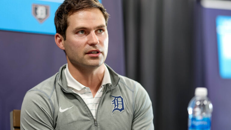 TAMPA, FL - FEBRUARY 15: President of baseball operations Scott Harris of the Detroit Tigers speaks during the 2024 Grapefruit League Spring Training Media Day at George M. Steinbrenner Field on Thursday, February 15, 2024 in Tampa, Florida. (Photo by Mike Carlson/MLB Photos via Getty Images)