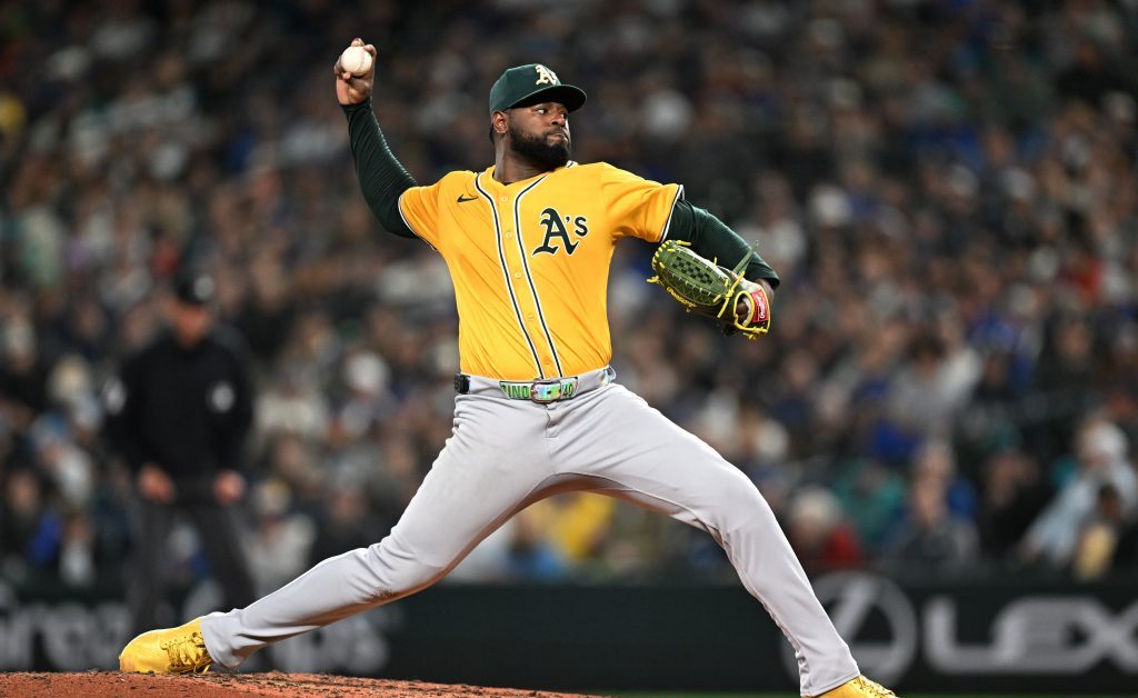 SEATTLE, WA - MARCH 27: Luis Severino #40 of the Athletics pitches during the game between the Athletics and the Seattle Mariners at T-Mobile Park on Thursday, March 27, 2025 in Seattle, Washington. (Photo by Rod Mar/MLB Photos via Getty Images)
