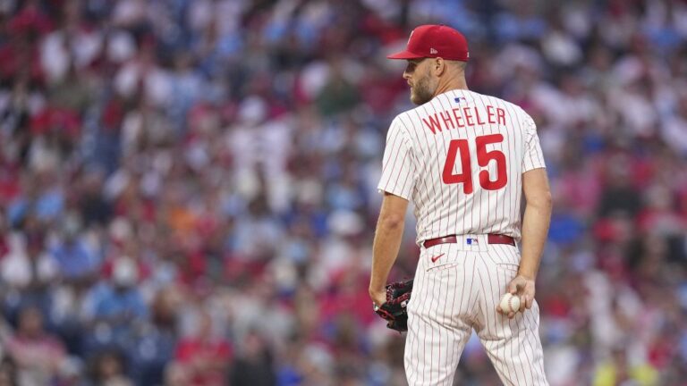 PHILADELPHIA, PENNSYLVANIA - JUNE 9: Zack Wheeler #45 of the Philadelphia Phillies looks on against the Chicago Cubs at Citizens Bank Park on June 9, 2025 in Philadelphia, Pennsylvania. The Phillies defeated the Cubs 4-3 in extra innings. (Photo by Mitchell Leff/Getty Images)