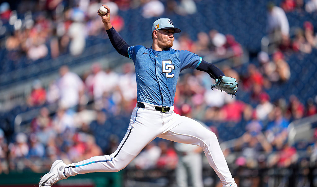 WASHINGTON, DC - AUGUST 16: Cade Cavalli #24 of the Washington Nationals pitches to the Philadelphia Phillies during the first inning at Nationals Park on August 16, 2025 in Washington, DC. (Photo by Jess Rapfogel/Getty Images)
