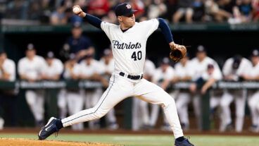 ARLINGTON, TX - FEBRUARY 26: Ryan Borberg #40 of the DBU Patriots pitches against the LSU Tigers during the 2025 Amegy Bank College Baseball Series at Globe Life Field on February 26, 2025 in Arlington, Texas. (Photo by Gunnar Word/Texas Rangers/Getty Images)