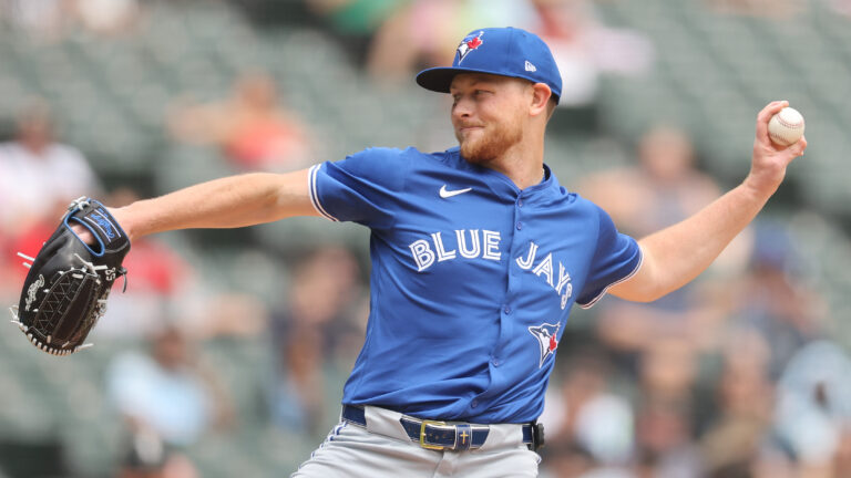CHICAGO, ILLINOIS - JULY 09: Eric Lauer #56 of the Toronto Blue Jays delivers a pitch during the first inning against the Chicago White Sox at Rate Field on July 09, 2025 in Chicago, Illinois. (Photo by Michael Reaves/Getty Images)