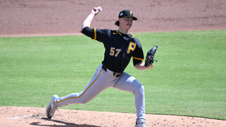 CLEARWATER, FLORIDA - MARCH 14, 2025: Bubba Chandler #57 of the Pittsburgh Pirates pitches during the second inning of a Spring Breakout game against the Philadelphia Phillies at BayCare Ballpark on March 14, 2025 in Clearwater, Florida. (Photo by Diamond Images via Getty Images)