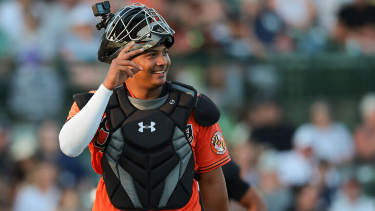 SARASOTA, FL - MARCH 15: Samuel Basallo #62 of the Baltimore Orioles smiles after catching in the third inning during the game between the New York Yankees and the Baltimore Orioles at Ed Smith Stadium on Saturday, March 15, 2025 in Sarasota, Florida. (Photo by Kelly Gavin/MLB Photos via Getty Images)