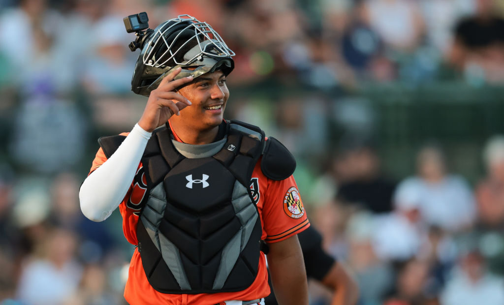 SARASOTA, FL - MARCH 15: Samuel Basallo #62 of the Baltimore Orioles smiles after catching in the third inning during the game between the New York Yankees and the Baltimore Orioles at Ed Smith Stadium on Saturday, March 15, 2025 in Sarasota, Florida. (Photo by Kelly Gavin/MLB Photos via Getty Images)