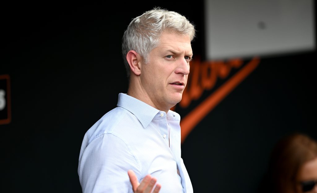 BALTIMORE, MARYLAND - JUNE 13: General Manager Mike Elias of the Baltimore Orioles watches batting practice before the game against the Los Angeles Angels at Oriole Park at Camden Yards on June 13, 2025 in Baltimore, Maryland. (Photo by G Fiume/Getty Images)