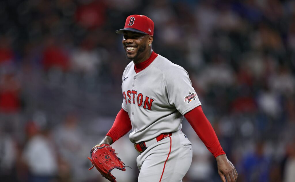 ATLANTA, GEORGIA - JULY 15: Aroldis Chapman #44 of the Boston Red Sox reacts against the National League during the ninth inning of the MLB All-Star Game at Truist Park on July 15, 2025 in Atlanta, Georgia. (Photo by Jamie Squire/Getty Images)