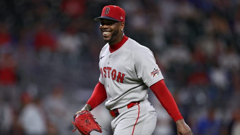 ATLANTA, GEORGIA - JULY 15: Aroldis Chapman #44 of the Boston Red Sox reacts against the National League during the ninth inning of the MLB All-Star Game at Truist Park on July 15, 2025 in Atlanta, Georgia. (Photo by Jamie Squire/Getty Images)