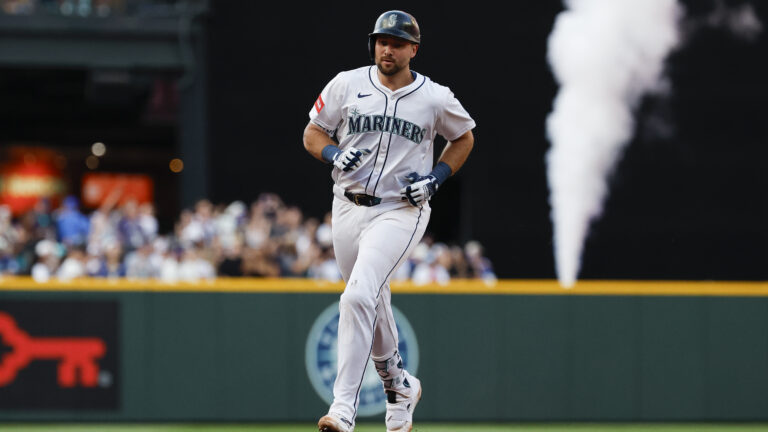 SEATTLE, WASHINGTON - JULY 22: Cal Raleigh #29 of the Seattle Mariners rounds the bases after hitting a solo home run during the sixth inning against the Milwaukee Brewers at T-Mobile Park on July 22, 2025 in Seattle, Washington. (Photo by Alika Jenner/Getty Images)