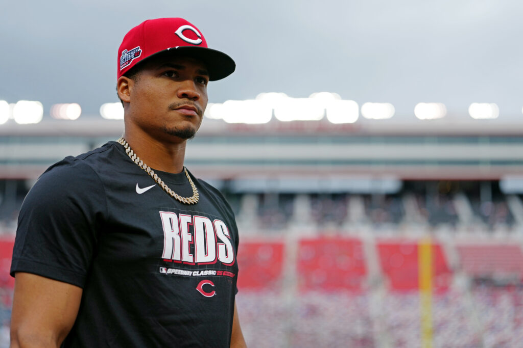 BRISTOL, TN - AUGUST 02: Noelvi Marte #16 of the Cincinnati Reds looks on during batting practice prior to the 2025 MLB Speedway Classic presented by BulidSubmarines.com between the Atlanta Braves and the Cincinnati Reds at Bristol Motor Speedway on Saturday, August 2, 2025 in Bristol, Tennessee. (Photo by Daniel Shirey/MLB Photos via Getty Images)