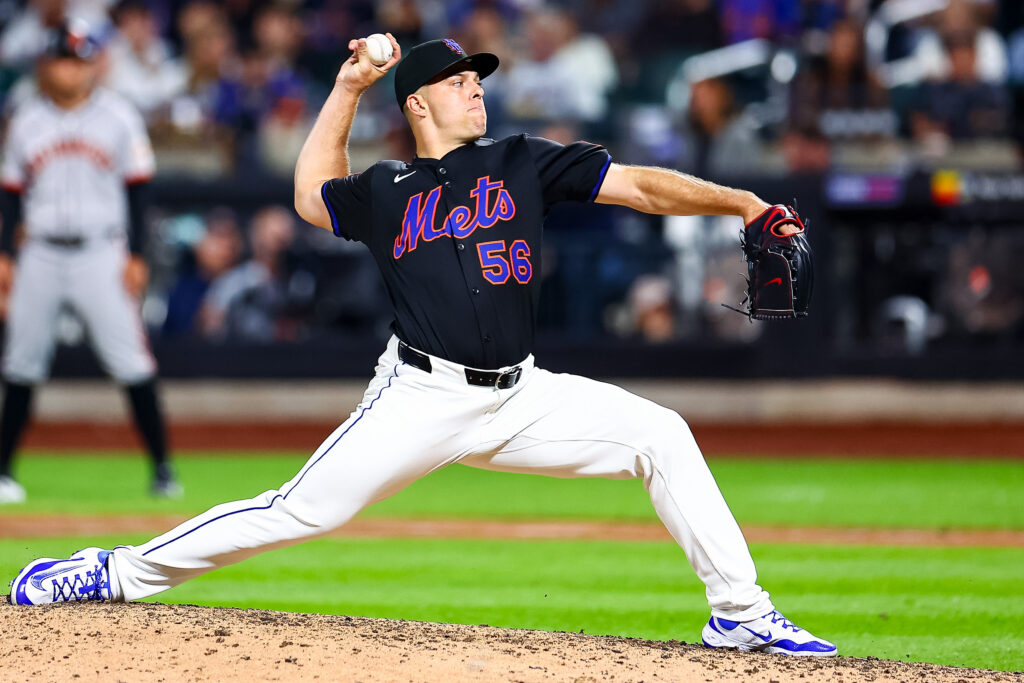 NEW YORK, NY - AUGUST 01: Ryan Helsley #56 of the New York Mets pitches during the game between the San Francisco Giants and the New York Mets at Citi Field on Friday, August 1, 2025 in New York, New York. (Photo by Phebe Grosser/MLB Photos via Getty Images)