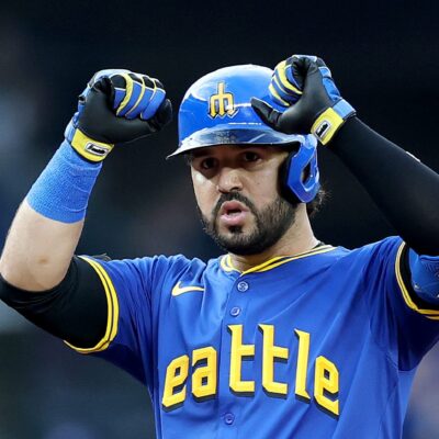 SEATTLE, WASHINGTON - JULY 31: Eugenio Suárez #28 of the Seattle Mariners celebrates his double against the Texas Rangers during the fourth inning at T-Mobile Park on July 31, 2025 in Seattle, Washington. (Photo by Steph Chambers/Getty Images)