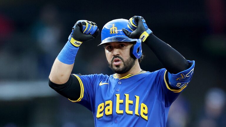 SEATTLE, WASHINGTON - JULY 31: Eugenio Suárez #28 of the Seattle Mariners celebrates his double against the Texas Rangers during the fourth inning at T-Mobile Park on July 31, 2025 in Seattle, Washington. (Photo by Steph Chambers/Getty Images)