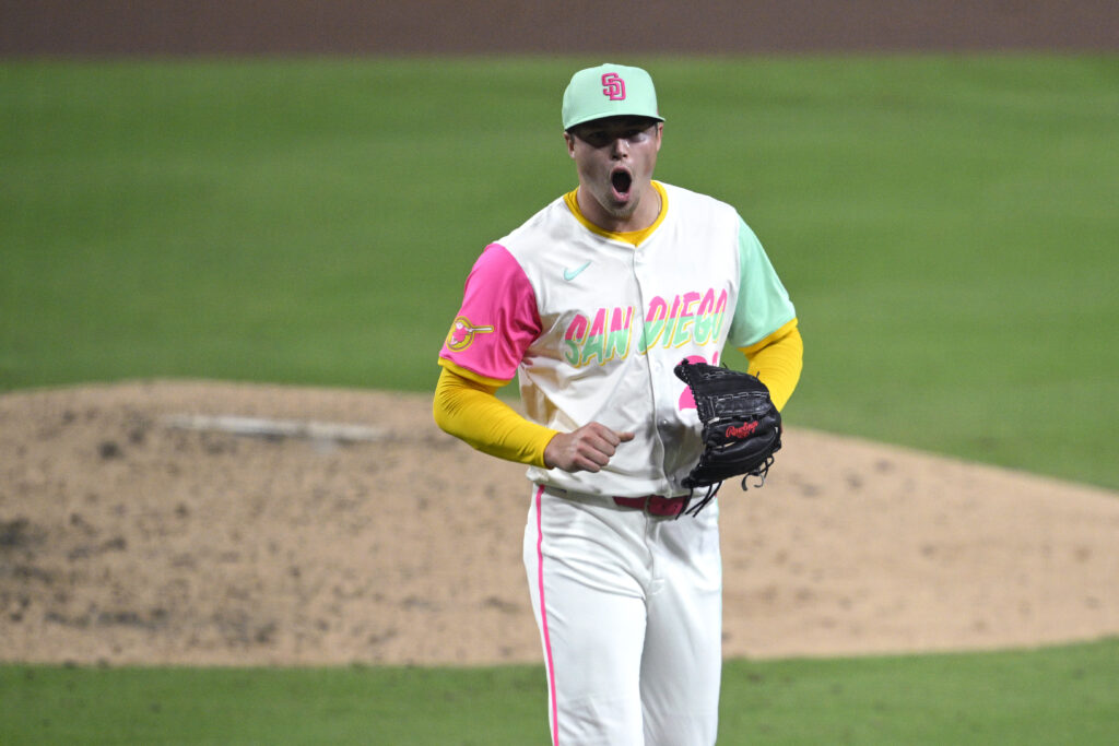 SAN DIEGO, CALIFORNIA - AUGUST 01: Mason Miller #22 of the San Diego Padres reacts after pitching against the St. Louis Cardinals during the eighth inning at Petco Park on August 01, 2025 in San Diego, California. (Photo by Orlando Ramirez/Getty Images)