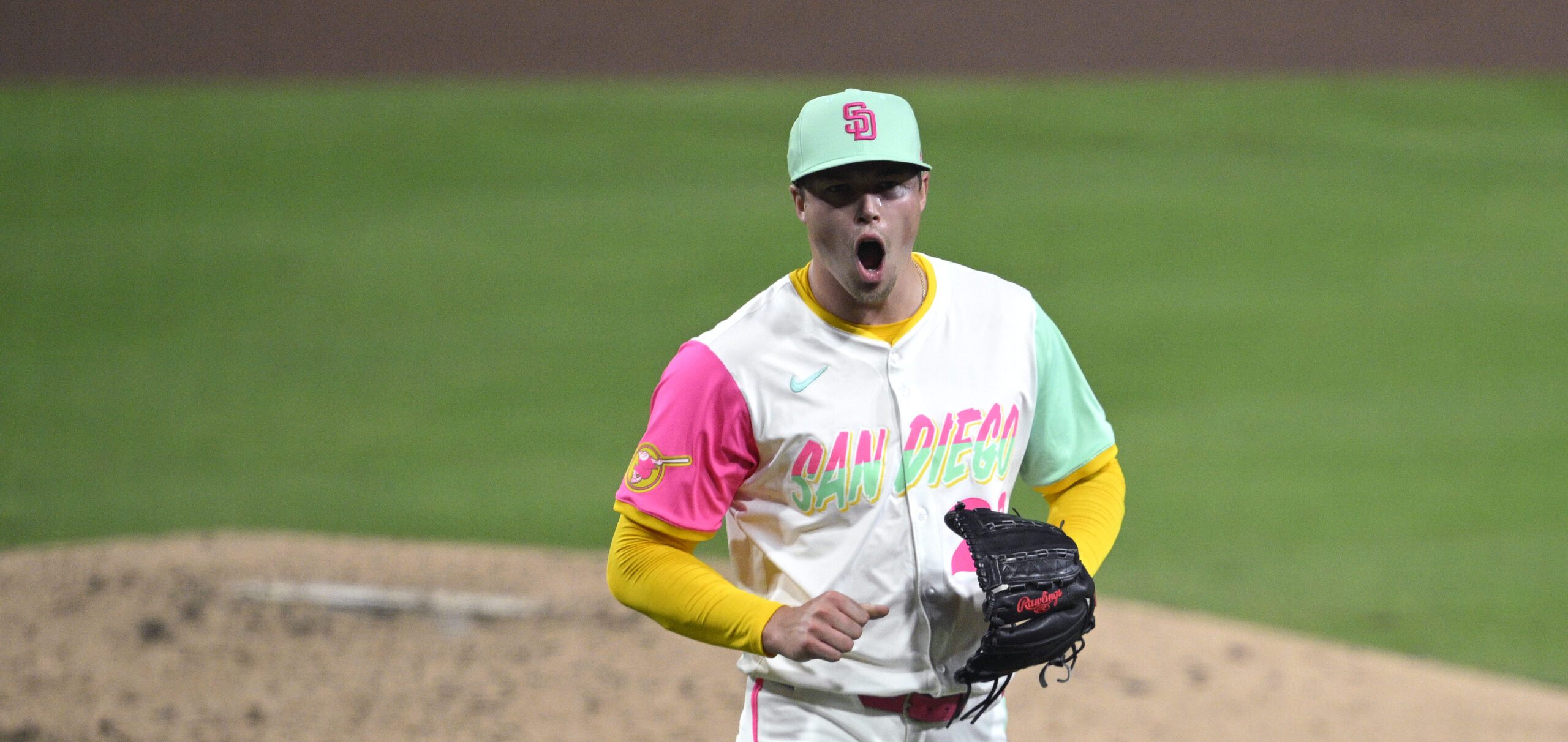 SAN DIEGO, CALIFORNIA - AUGUST 01: Mason Miller #22 of the San Diego Padres reacts after pitching against the St. Louis Cardinals during the eighth inning at Petco Park on August 01, 2025 in San Diego, California. (Photo by Orlando Ramirez/Getty Images)