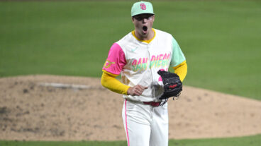 SAN DIEGO, CALIFORNIA - AUGUST 01: Mason Miller #22 of the San Diego Padres reacts after pitching against the St. Louis Cardinals during the eighth inning at Petco Park on August 01, 2025 in San Diego, California. (Photo by Orlando Ramirez/Getty Images)