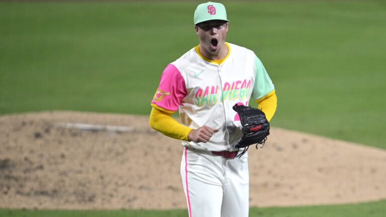 SAN DIEGO, CALIFORNIA - AUGUST 01: Mason Miller #22 of the San Diego Padres reacts after pitching against the St. Louis Cardinals during the eighth inning at Petco Park on August 01, 2025 in San Diego, California. (Photo by Orlando Ramirez/Getty Images)