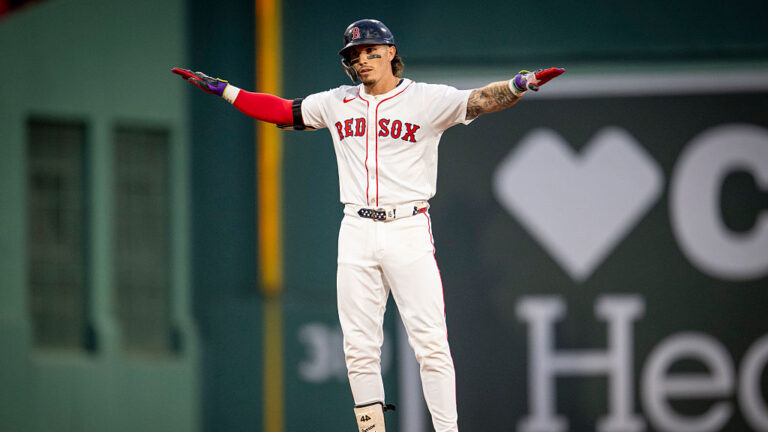BOSTON, MASSACHUSETTS - AUGUST 5: Jarren Duran #16 of the Boston Red Sox reacts after hitting an RBI double during the third inning of a game against the Kansas City Royals on August 5, 2025 at Fenway Park in Boston, Massachusetts. (Photo by Maddie Malhotra/Boston Red Sox/Getty Images)