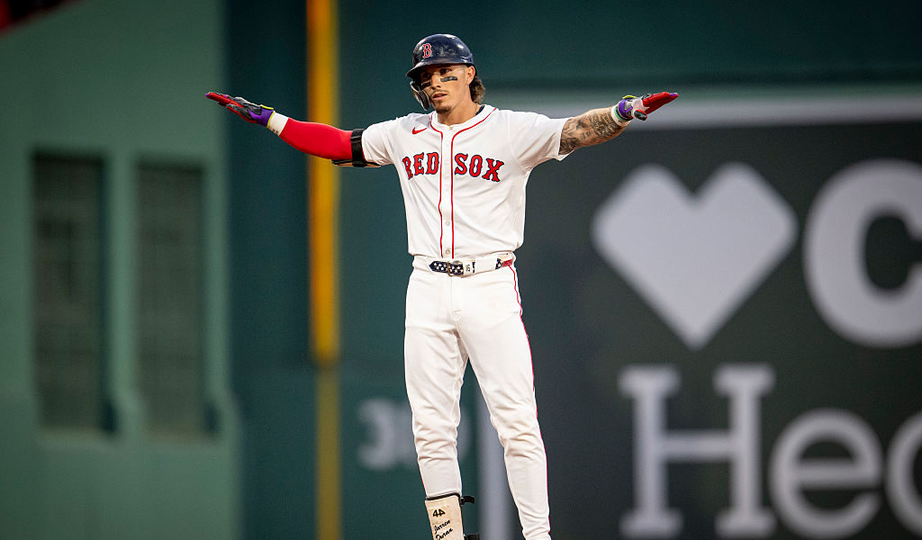 BOSTON, MASSACHUSETTS - AUGUST 5: Jarren Duran #16 of the Boston Red Sox reacts after hitting an RBI double during the third inning of a game against the Kansas City Royals on August 5, 2025 at Fenway Park in Boston, Massachusetts. (Photo by Maddie Malhotra/Boston Red Sox/Getty Images)