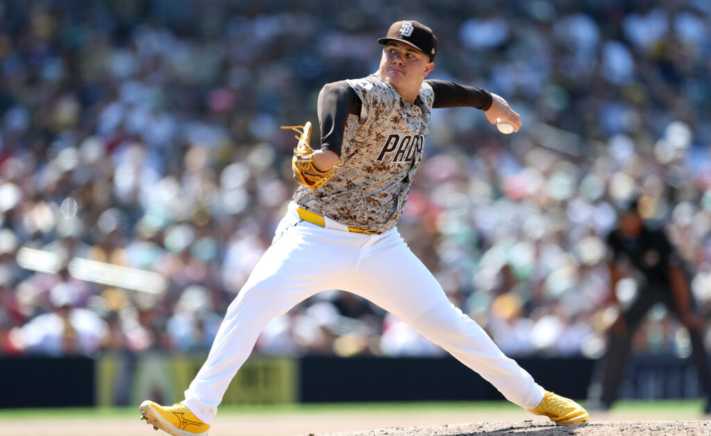 SAN DIEGO, CALIFORNIA - AUGUST 10: Adrian Morejon #50 of the San Diego Padres pitches during the eighth inning of a game against the Boston Red Sox at Petco Park on August 10, 2025 in San Diego, California. (Photo by Sean M. Haffey/Getty Images)