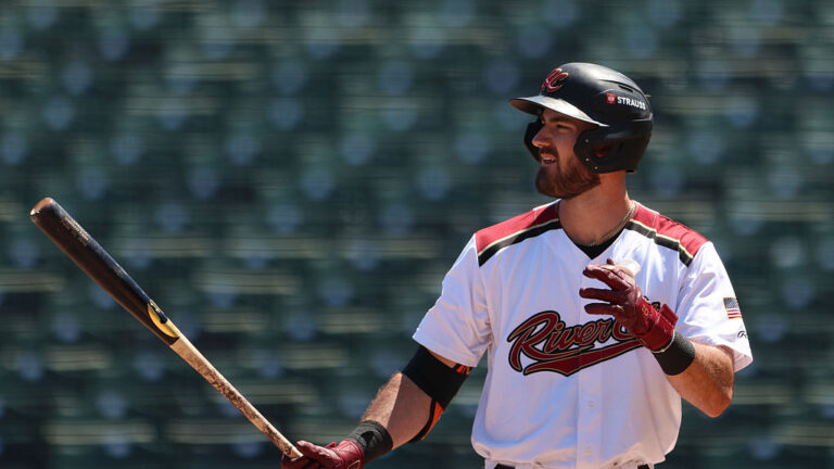 SACRAMENTO, CALIFORNIA - AUGUST 10: Bryce Eldridge #14 of the Sacramento River Cats bats against the Sugar Land Space Cowboys at Sutter Health Park on August 10, 2025 in Sacramento, California. (Photo by Scott Marshall/Getty Images)