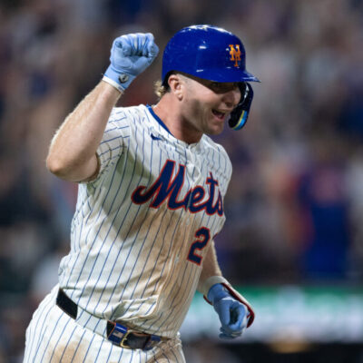 NEW YORK, NEW YORK - AUGUST 12: Pete Alonso #20 of the New York Mets reacts after hitting a solo home run during the sixth inning of the game against the Atlanta Braves at Citi Field on August 12, 2025 in New York City. (Photo by Dustin Satloff/Getty Images)