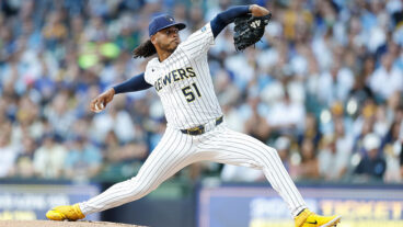 MILWAUKEE, WISCONSIN - AUGUST 23: Freddy Peralta #51 of the Milwaukee Brewers throws a pitch in the first inning against the San Francisco Giants at American Family Field on August 23, 2025 in Milwaukee, Wisconsin. (Photo by John Fisher/Getty Images)