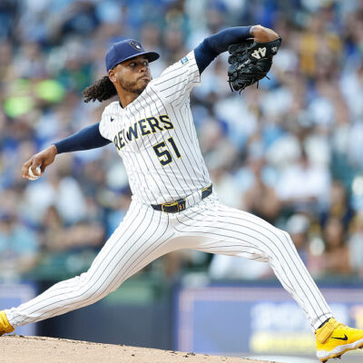 MILWAUKEE, WISCONSIN - AUGUST 23: Freddy Peralta #51 of the Milwaukee Brewers throws a pitch in the first inning against the San Francisco Giants at American Family Field on August 23, 2025 in Milwaukee, Wisconsin. (Photo by John Fisher/Getty Images)