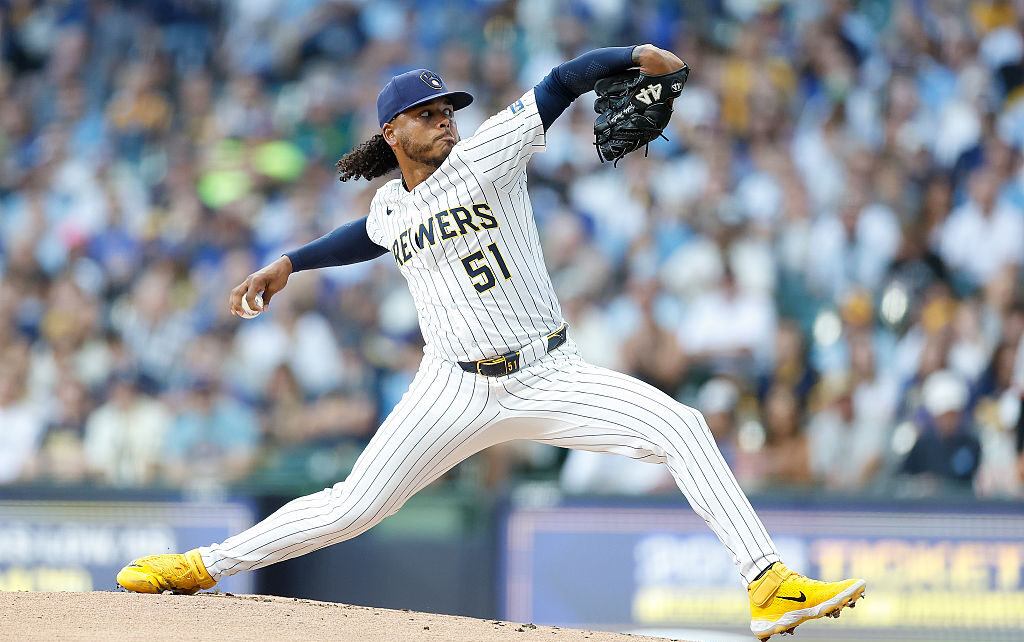 MILWAUKEE, WISCONSIN - AUGUST 23: Freddy Peralta #51 of the Milwaukee Brewers throws a pitch in the first inning against the San Francisco Giants at American Family Field on August 23, 2025 in Milwaukee, Wisconsin. (Photo by John Fisher/Getty Images)