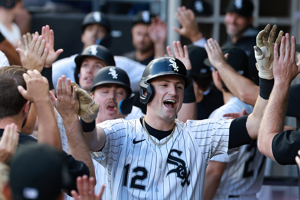CHICAGO, ILLINOIS - AUGUST 23: Colson Montgomery #12 of the Chicago White Sox celebrates after hitting a grand slam during the second inning against the Minnesota Twins at Rate Field on August 23, 2025 in Chicago, Illinois. (Photo by Justin Casterline/Getty Images)