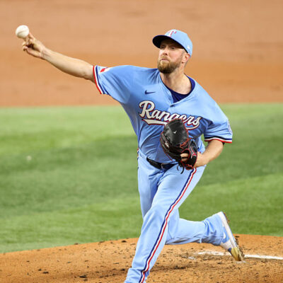 ARLINGTON, TEXAS - AUGUST 24: Merrill Kelly #23 of the Texas Rangers throws a pitch during the third inning against the Cleveland Guardians at Globe Life Field on August 24, 2025 in Arlington, Texas. (Photo by Tim Heitman/Getty Images)