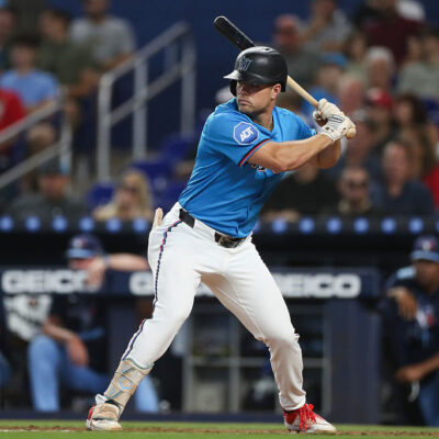 MIAMI, FLORIDA - AUGUST 24: Jakob Marsee #87 of the Miami Marlins bats during the third inning against the Toronto Blue Jays at loanDepot park on August 24, 2025 in Miami, Florida. (Photo by Tomas Diniz Santos/Getty Images)