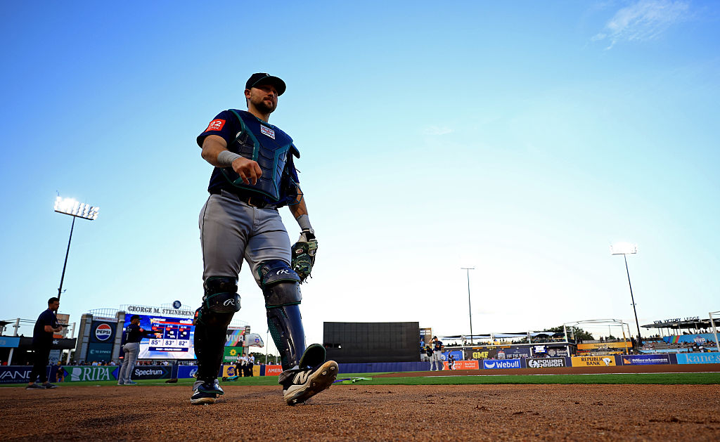 TAMPA, FLORIDA - SEPTEMBER 01: Cal Raleigh #29 of the Seattle Mariners looks on against the Tampa Bay Rays at George M. Steinbrenner Field on September 01, 2025 in Tampa, Florida. (Photo by Mike Ehrmann/Getty Images)