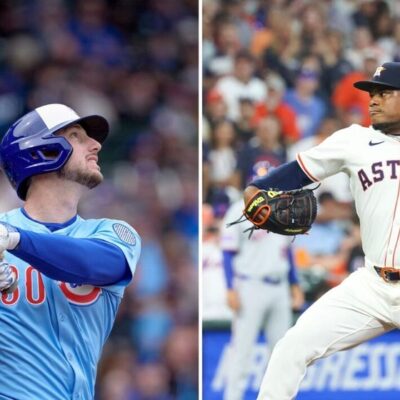 LEFT: Kyle Tucker of the Chicago Cubs bats in a game against the San Diego Padres at Wrigley Field. (Photo by Matt Dirksen/Chicago Cubs/Getty Images) RIGHT: Houston Astros starting pitcher Framber Valdez throws a pitch in the top of the first inning during the MLB game between the New York Mets and Houston Astros at Daikin Park. (Photo by Leslie Plaza Johnson/Icon Sportswire via Getty Images)