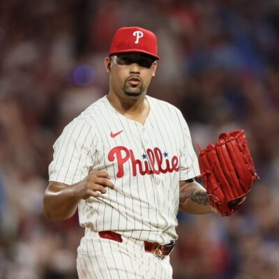 PHILADELPHIA, PENNSYLVANIA - AUGUST 03: Jhoan Duran #59 of the Philadelphia Phillies reacts after a strikeout to close the game against the Detroit Tigers at Citizens Bank Park on August 03, 2025 in Philadelphia, Pennsylvania. The Phillies won 2-0. (Photo by Caean Couto/Getty Images)