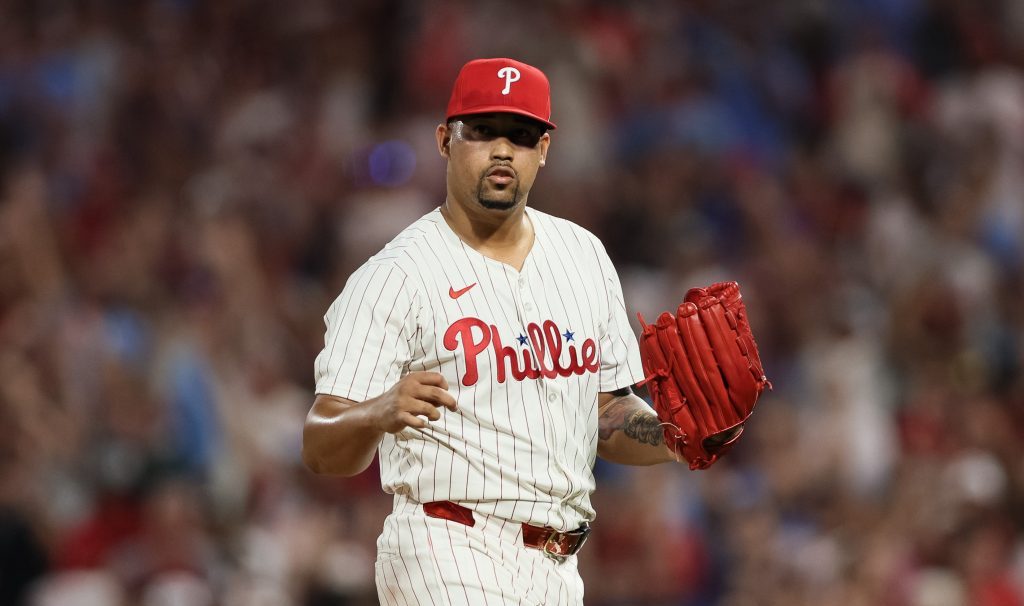 PHILADELPHIA, PENNSYLVANIA - AUGUST 03: Jhoan Duran #59 of the Philadelphia Phillies reacts after a strikeout to close the game against the Detroit Tigers at Citizens Bank Park on August 03, 2025 in Philadelphia, Pennsylvania. The Phillies won 2-0. (Photo by Caean Couto/Getty Images)